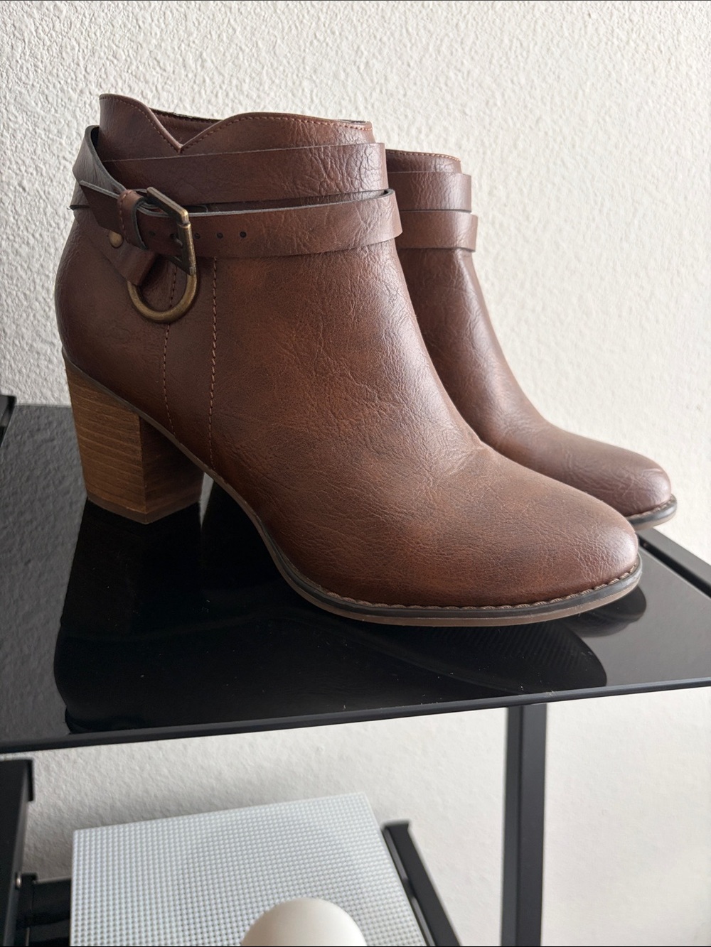 NWOT Women's Brown Faux-Leather Ankle Booties with Buckle Accent